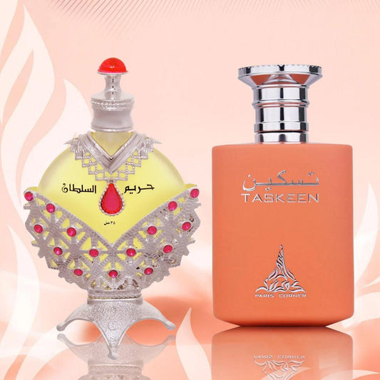 Hareem Sultan Silver Perfume Oil and TASKEEN Peach Tea Perfume - Combo Set