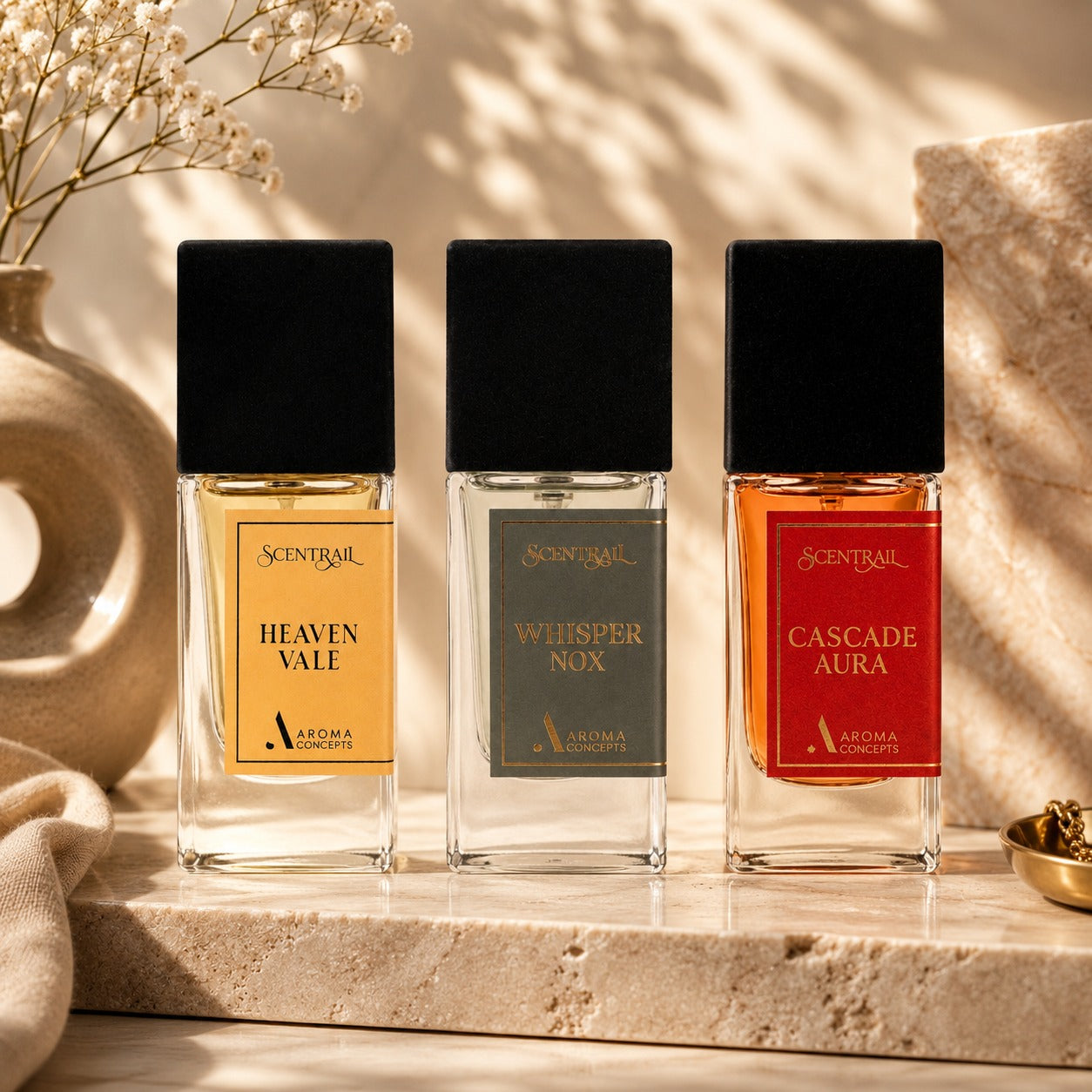perfume set of heaven vale, whisper nox, cascade aura perfume by scentrail 