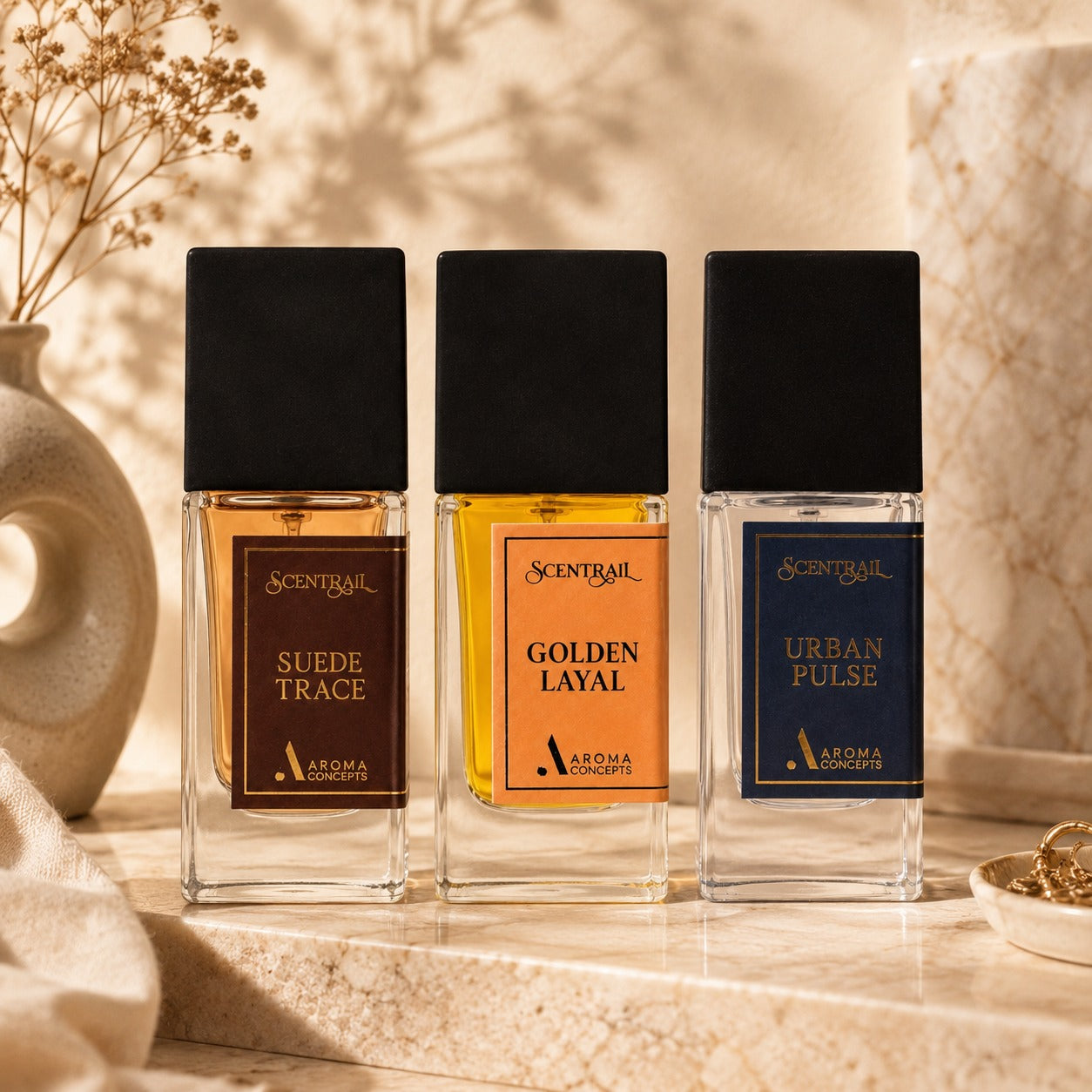 perfume set of scentrail - suede trace, golden layal, urban pulse