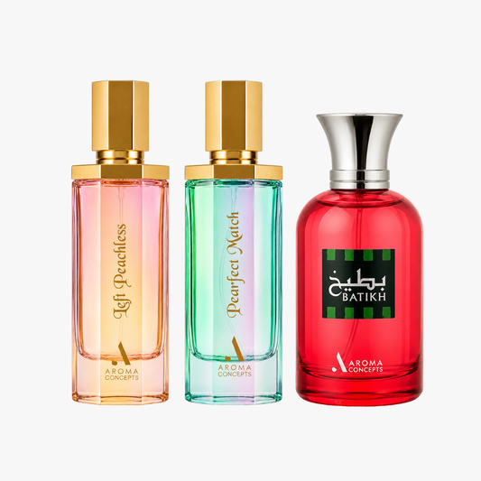 trio bundle batikh, left peachless, pearfect match perfume